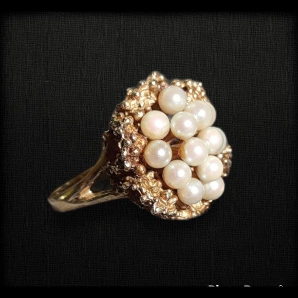 14K Yellow Gold Pearl Cluster Cocktail Ring - Picture 1 of 5